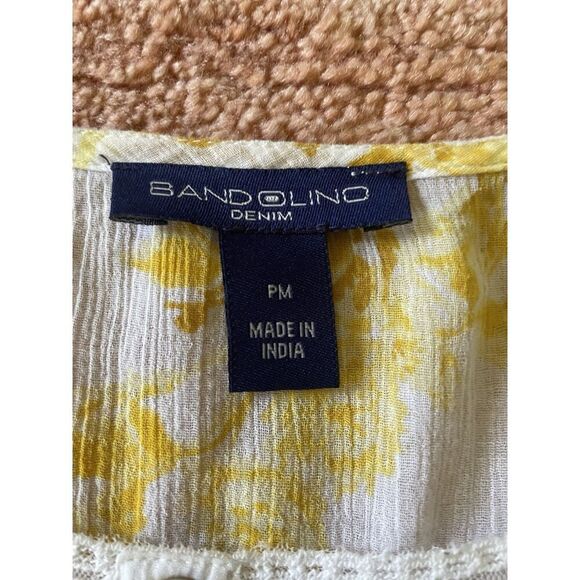 Bandolino Denim blouse PM petite yellow floral boho peasant top crochet trim - Picture 2 of 4